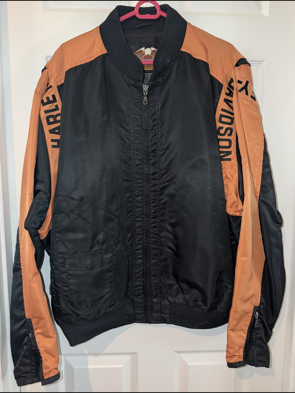 Vintage Harley-Davidson Black and Orange Two-Tone Bomber Jacket
